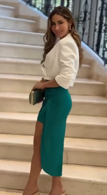 Elegant Set: White Blouse and Green Skirt with Tie Detail